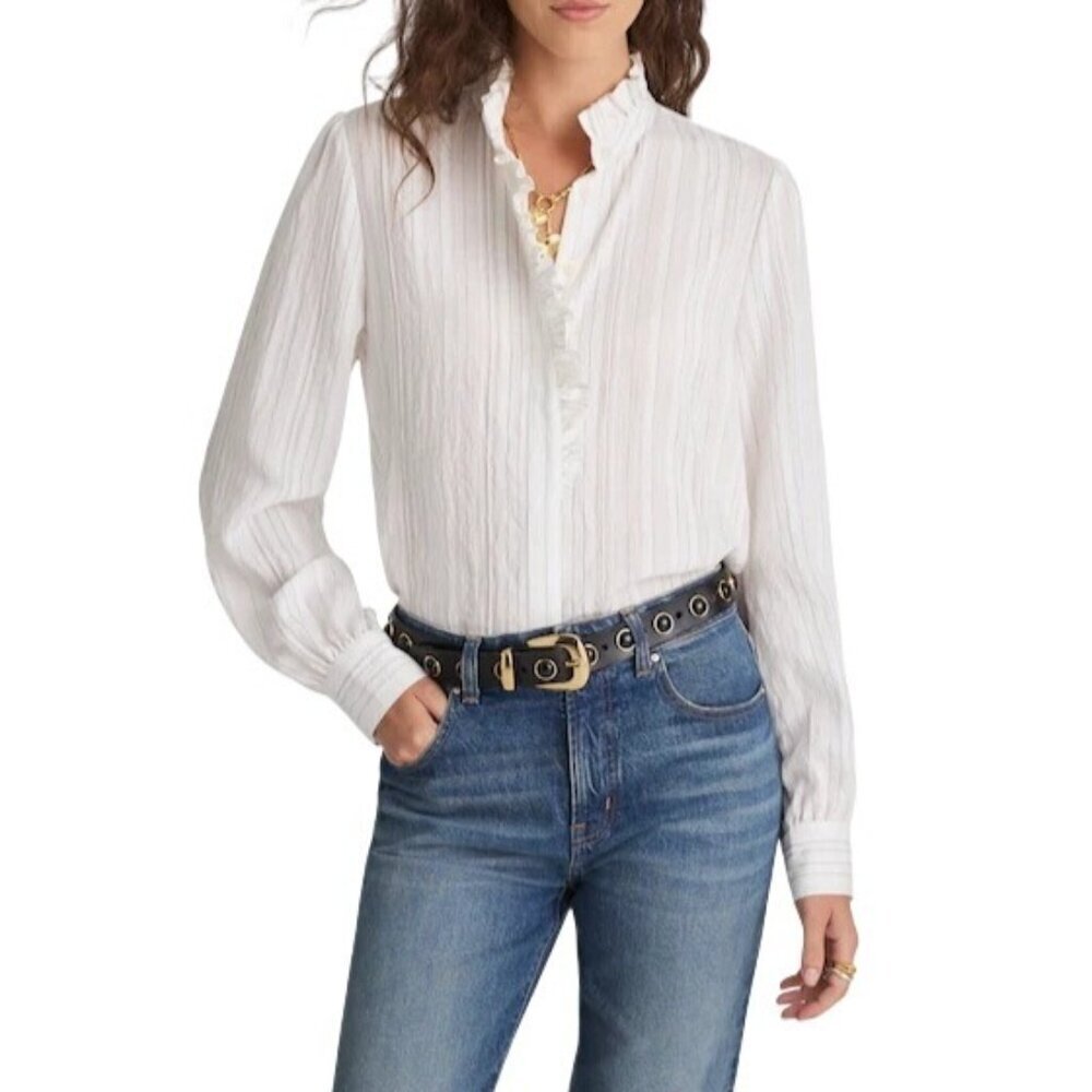 Madewell Ruffled Button-Up Top~Size S~Airy Multi Stripe White Blouse NWT L10 42